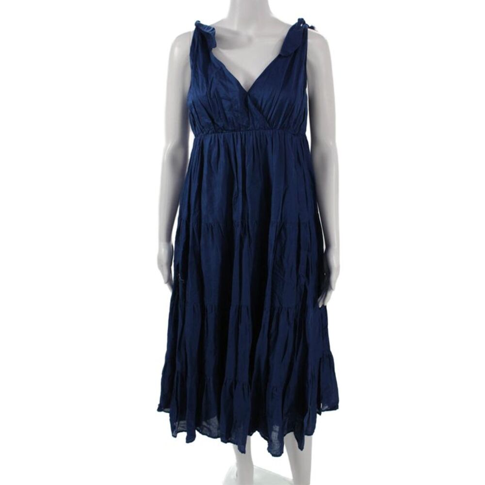 Merlette Women Maxi Sundress Dark Blue V Neck Cotton Mid Calf Tie Waist Size S
